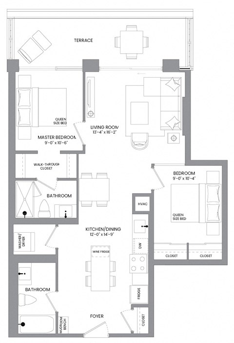 Floor plan for 2 beds, 2 baths, 844 sqft